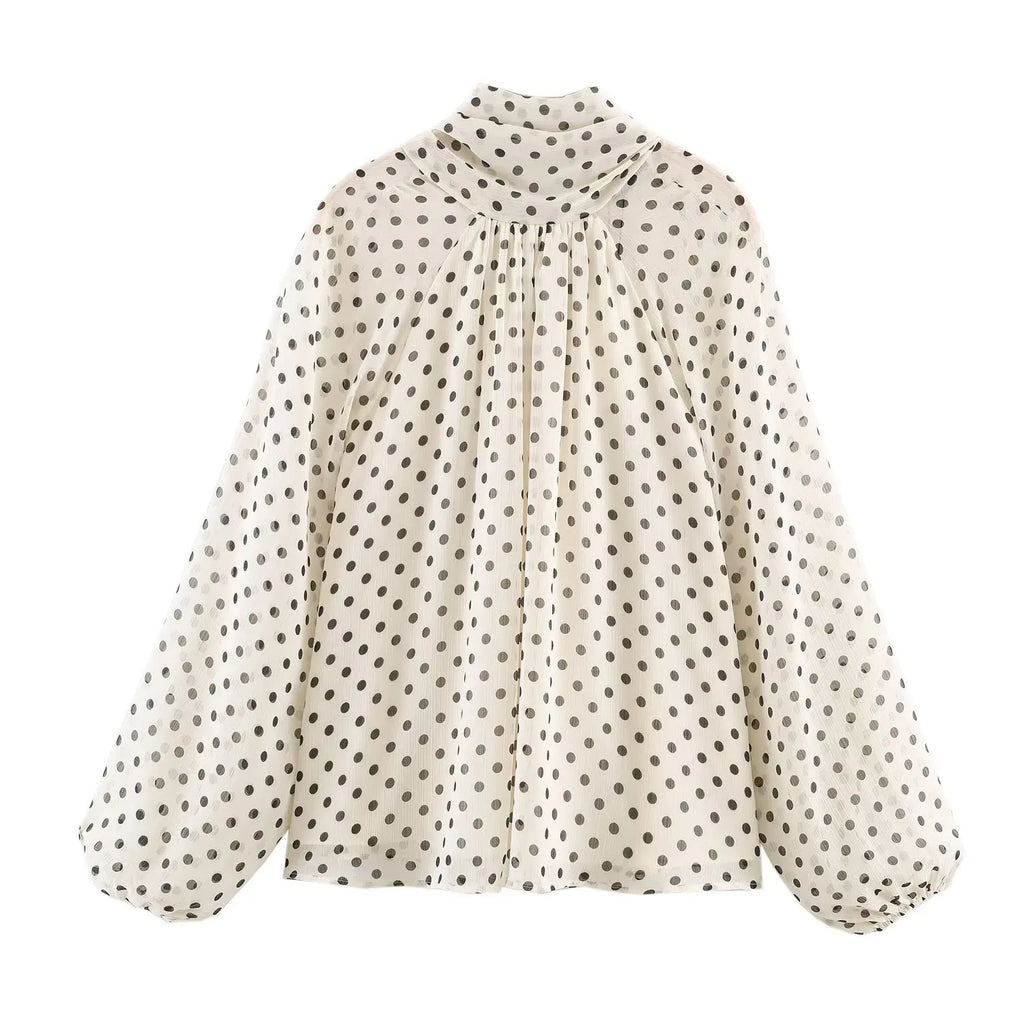 Women Polka Dot Print Blouse Casual High Collar Long Sleeve Lady Top Simple Women's Blouse Female Shirts & Blouses - Matrix-studios.com