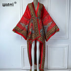 WINYI Summer Beach Wear Cover Up Lady Boho Cardigan Printing Elegant Silky and Skin-Friendly Sexy Holiday Kimono Maxi Dress - Matrix Studios