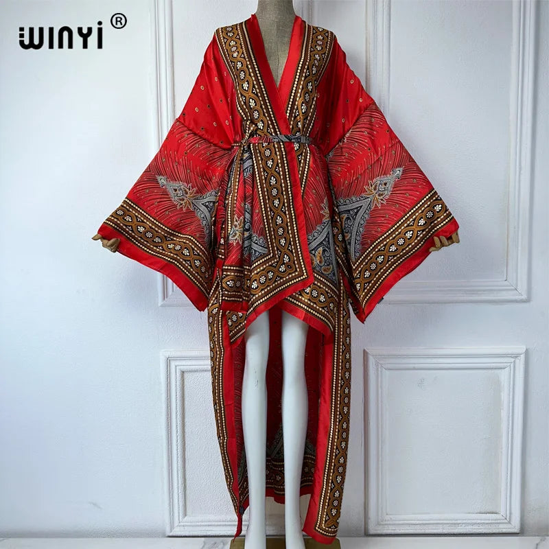 WINYI Summer Beach Wear Cover Up Lady Boho Cardigan Printing Elegant Silky and Skin-Friendly Sexy Holiday Kimono Maxi Dress - Matrix Studios