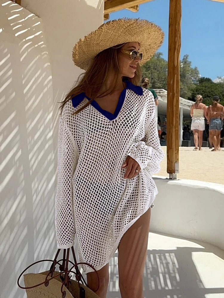Solid Colour Beach Knit Mini Dress Women's Summer Sexy Hollow Out Long Sleeve Swimsuit Cover Up Boho Holiday Loose Beachwear K17 - Matrix Studios