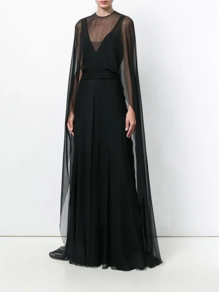 Women Chiffon Capelet Sheer Mesh Bridal Cape Shawl Wraps Asymmetrical High Low Flowy Wedding Party Cover Up Poncho - Matrix Studios