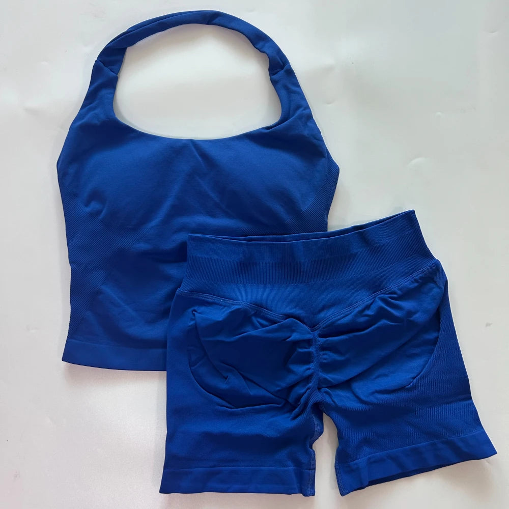 No Logo 2 Pieces Gym Set Women Backless Halter Tops High Waist Seamless Shorts Gym Suit Fitness Clothes Sportswear Workout Sets - Matrix-studios.com
