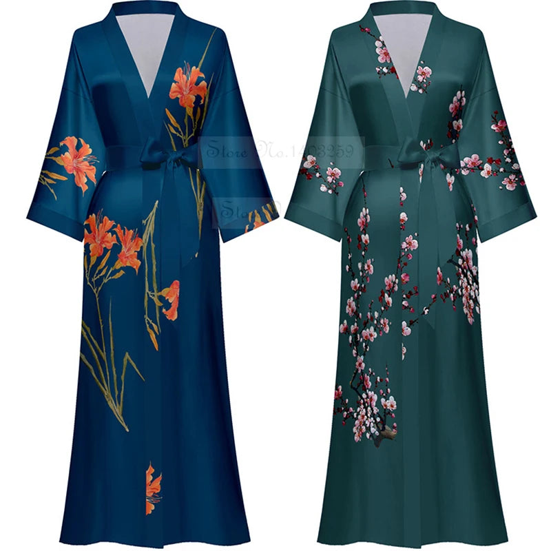 Print Flower Long Kimono Bathrobe Gown Sexy Women Half Sleeve Wedding Robe Nightgown Spring Summer Rayon Home Dress Sleepwear - Matrix-studios.com