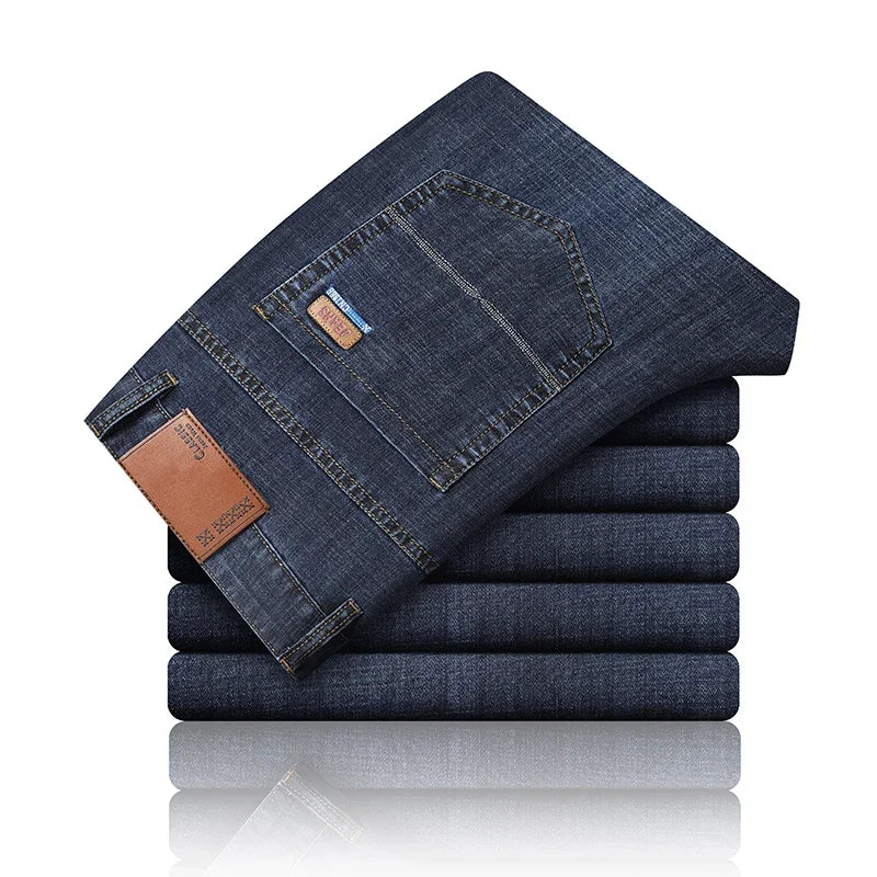 New Ice Silk Thin Denim Jeans For Men Blue Straight Stretch Cotton Pants Business Casual Lightweight Trousers Spring Summer - Matrix Studios