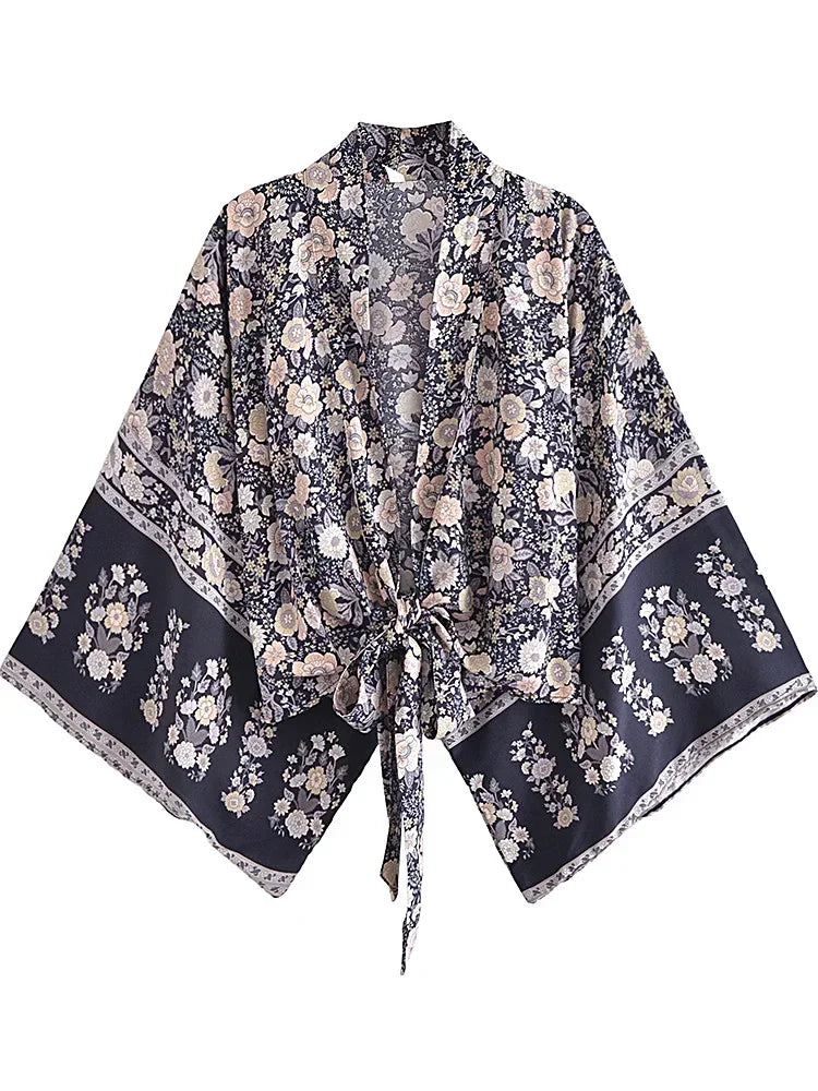 Boho Queens Kimono Cardigan Floral Short Robe Swimsuits Women Fashion Batwing Sleeves Rayon Bohemian Bikini Cover Ups Beachwear - Matrix Studios