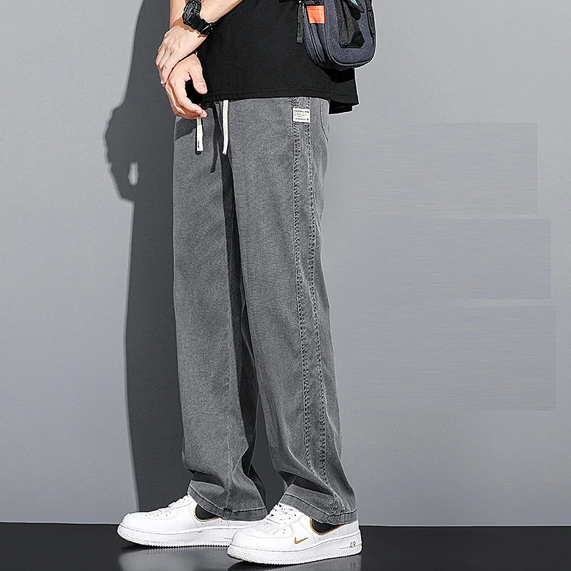 Summer Soft Lyocell Fabric Men's Jeans Thin Loose Straight Pants Drawstring Elastic Waist Korea Casual Trousers Plus Size M-5XL - Matrix Studios