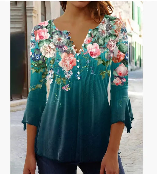 V-Neck Elegant Office Lady Blouses Tops Blusas 2024 Casual Trendy Summer Blouses Print Three Quarter Buttons Women Shirts S-3XL - Matrix-studios.com