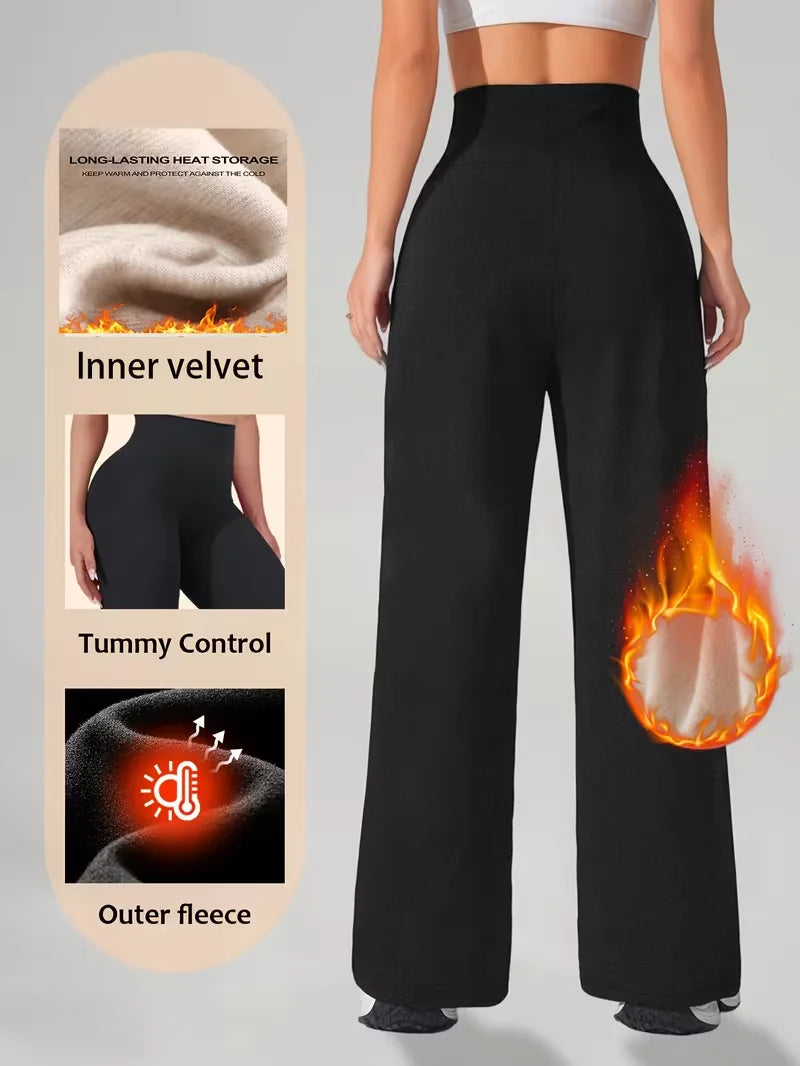 Warm Fleece Lined Wide Leg Pants Winter High Waist Warm Straight Leg Pants Women's Soft Apparel Casual Long Trouser Outdoor Wear - Matrix-studios.com