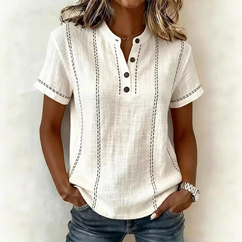 Elegant Women Blouse Shirt V Neck Button Patchwork Short Sleeve Shirts For Women Summer Striped Loose Tee Women Casual T-shirts - Matrix-studios.com