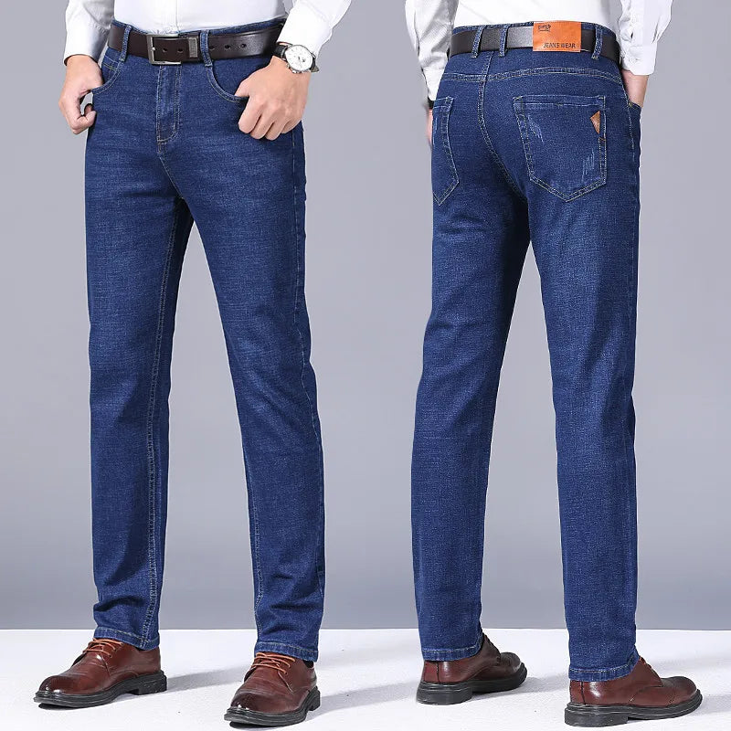 2024 Summer Thin Men's Elastic Cotton Jeans Fashion Gray Comfortable Business Straight Casual Pants High Quality Brand Trousers - Matrix Studios