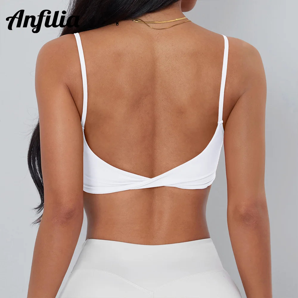 Anfilia Women Sports Bra Spaghetti Straps Backless Gym Bra High Elastic Square Neck Removable Padding Workout Top - Matrix Studios