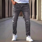 Men's American Retro Hole-Punched Stretch Slim Fit Jeans Zipper Casual Streetwear Denim Pants Classic Black Blue Skinny Trousers - Matrix Studios