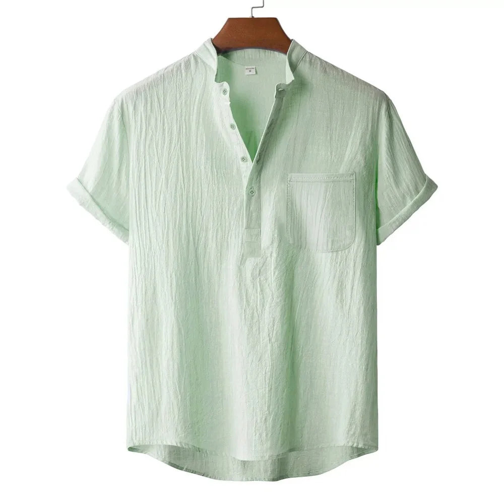 Men's Summer Cotton Linen T-shirt Beach Style Short SLeeve Henley Neck Vacation Hawaii Casual Lightweight Breathable Cozy Tops - Matrix Studios