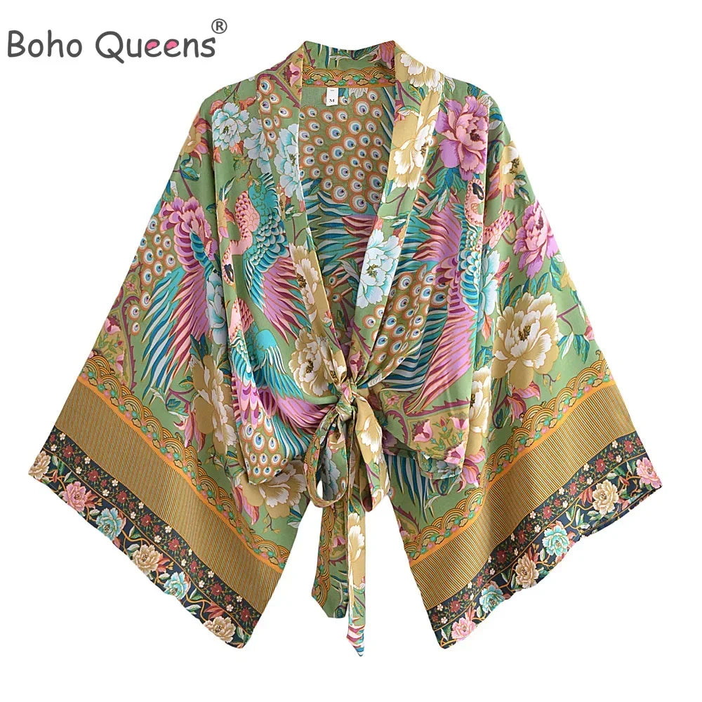 Boho Queens Peacock Short Robe Kimono Swimsuits Women Fashion Floral Batwing Sleeves Rayon Bohemian Bikini Cover Ups Beachwear - Matrix Studios