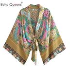 Boho Queens Peacock Short Robe Kimono Swimsuits Women Fashion Floral Batwing Sleeves Rayon Bohemian Bikini Cover Ups Beachwear - Matrix Studios