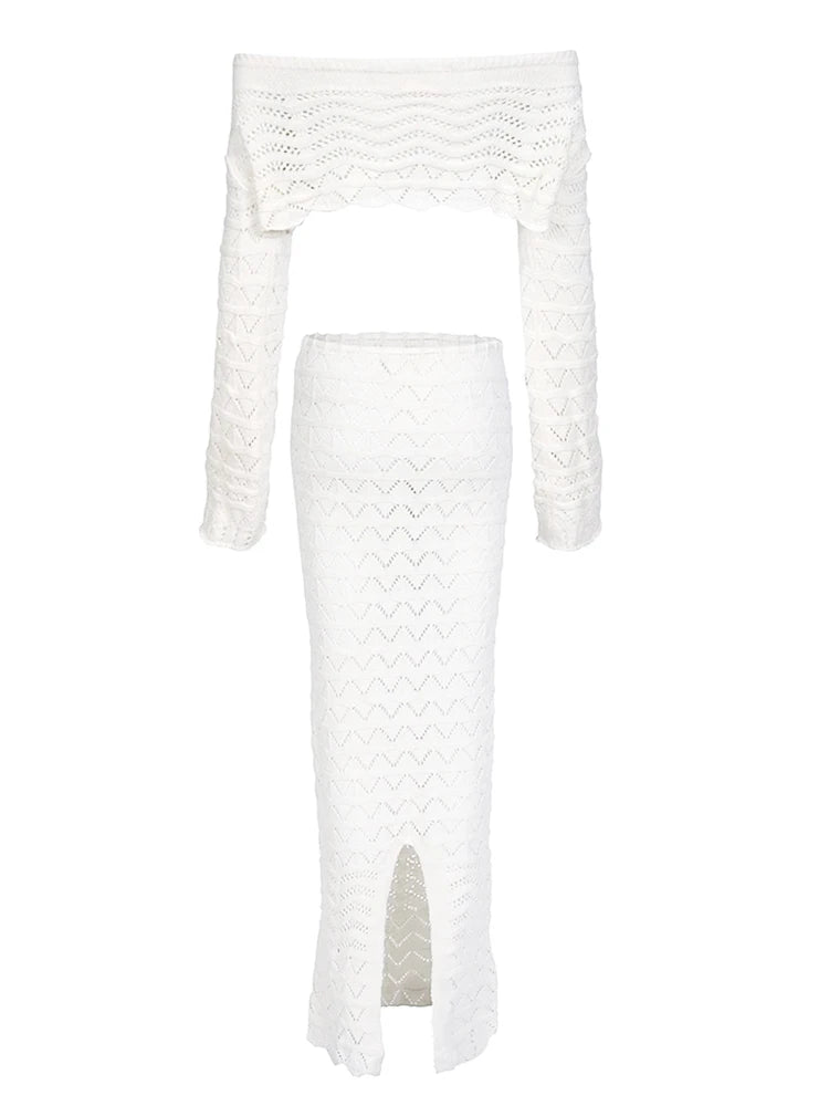 Sexy Knit One-neck Long Sleeve Short Top Drawstring Half Skirt Beach Two-piece 2026 Women Summer Swimsuit Cover Up Chic Set K172 - Matrix Studios