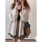 Autumn and Winter New Women's Solid Color Cardigan Sweater Fashion Casual Single-breasted Lantern Sleeve Sweater Jacket - Matrix Studios