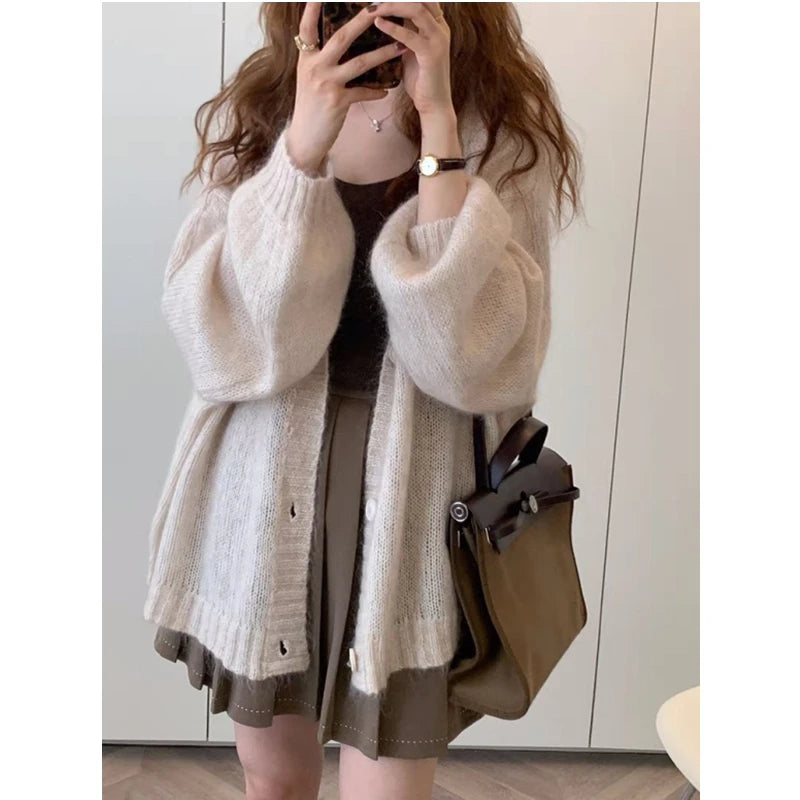Autumn and Winter New Women's Solid Color Cardigan Sweater Fashion Casual Single-breasted Lantern Sleeve Sweater Jacket - Matrix Studios