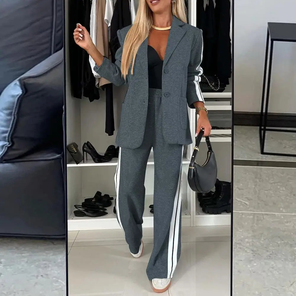 2 Pcs/Set Lady Formal Coat Pants Set Turn-down Collar Single-breasted Long Sleeves Jacket Loose Striped Wide Leg Trousers Casual - Matrix-studios.com