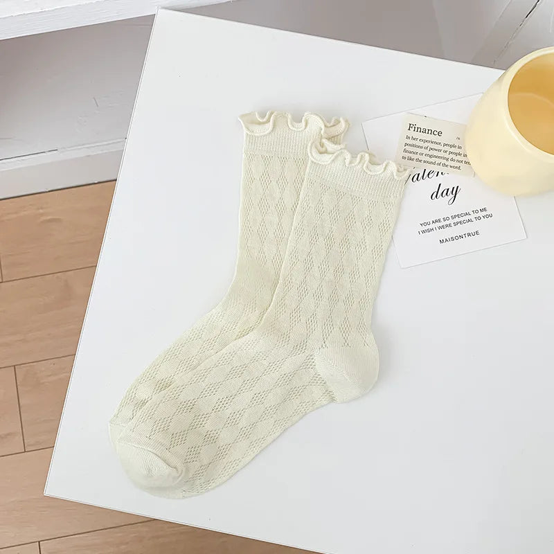 Autumn Women's Socks with Lace Trim Hollow-Out Mesh Breathable Slouch Solid Color Trendy and Versatile for Instagram Style Socks - Matrix Studios