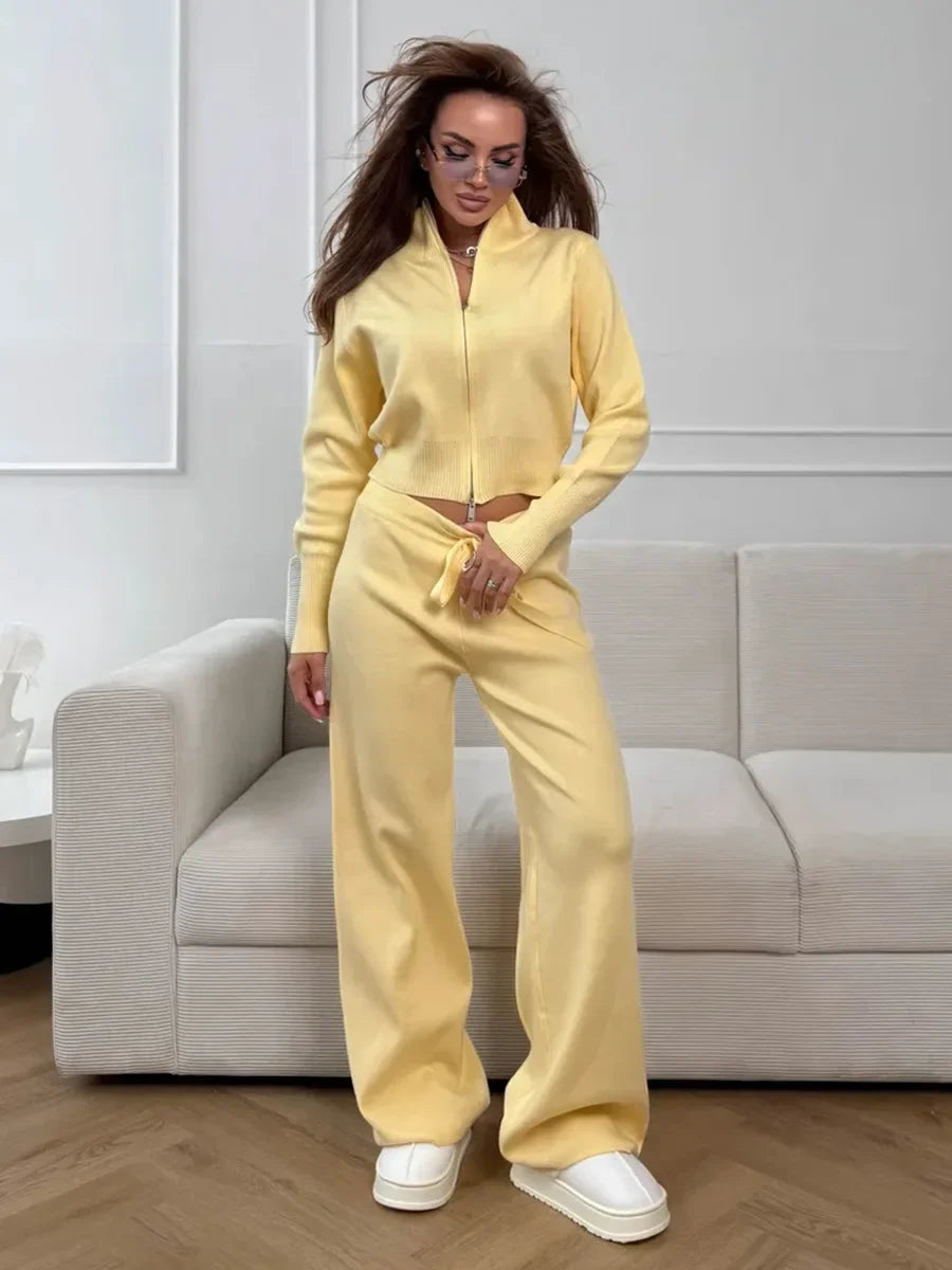 Wolfeel  New Autumn Winter Zip Up Knit Pants Set Women's Trendy Slim Fit Cardigan Pants Chic Commuting Sweater Outfit - Matrix-studios.com