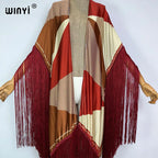 WINYI Kimono Cover-ups Summer Boho Print Bikini Cover-up Elegant Fashion Cardigan Sexy Holiday Long Sleeve Tassels Maxi Dress - Matrix Studios