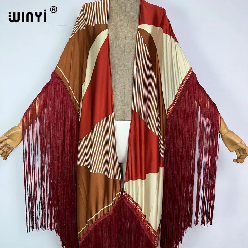 WINYI Kimono Cover-ups Summer Boho Print Bikini Cover-up Elegant Fashion Cardigan Sexy Holiday Long Sleeve Tassels Maxi Dress - Matrix Studios