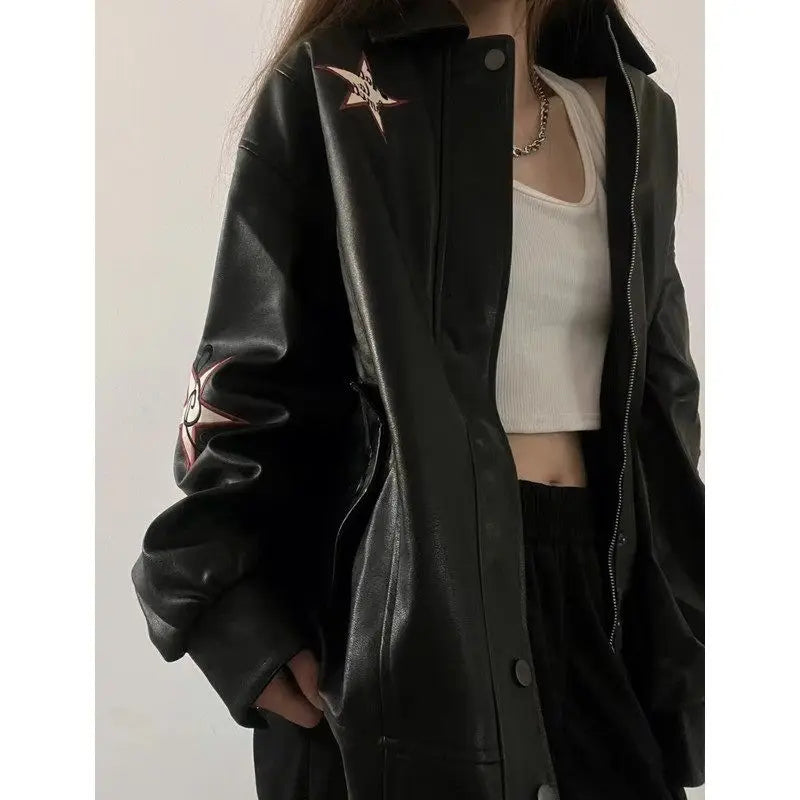 Autumn American Vintage Embroidered Leather Jacket Women Black PU Faux Fur Coat Letter Jaqueta Chaquetas Mujer - Matrix Studios