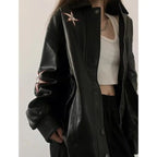 Autumn American Vintage Embroidered Leather Jacket Women Black PU Faux Fur Coat Letter Jaqueta Chaquetas Mujer - Matrix Studios