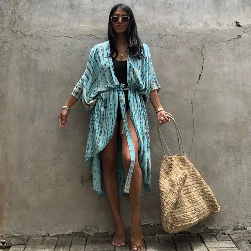 Beach Cover Ups for Swimwear Women Black Tie Dye Kimono Swimsuit Cape Summer Dress 2022 Beachwear Outfits Sales - Matrix Studios