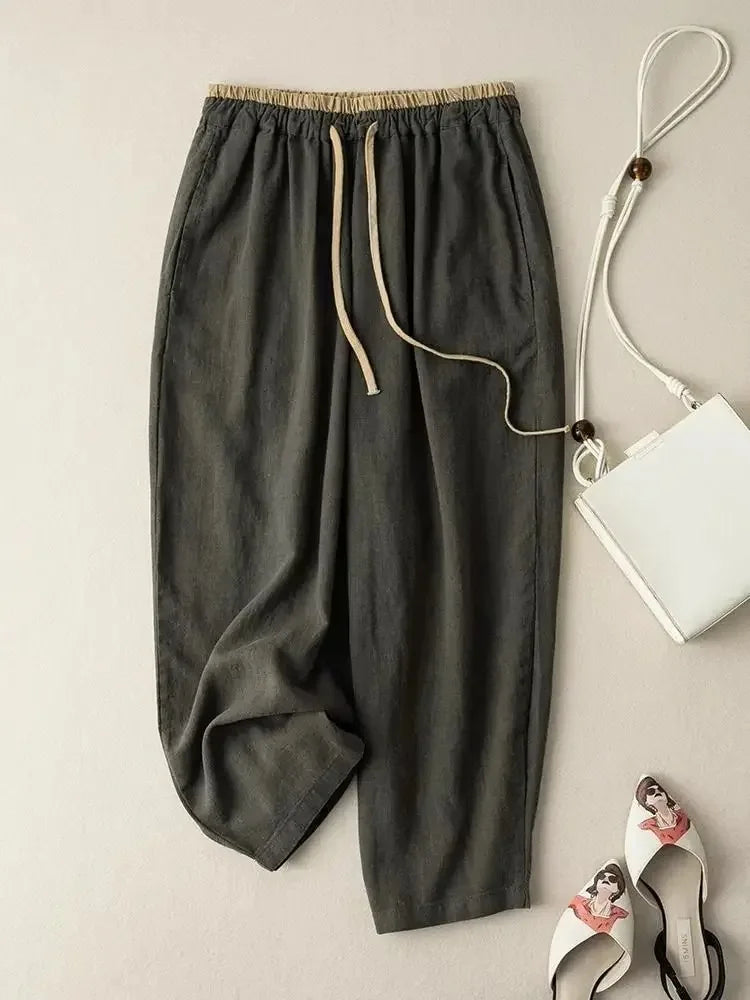 Summer Retro Cotton Linen Loose Harem Pants Elastic Drawstring Waist Casual Pants Basic Versatility Wide-leg Ankle-Length Pants - Matrix-studios.com