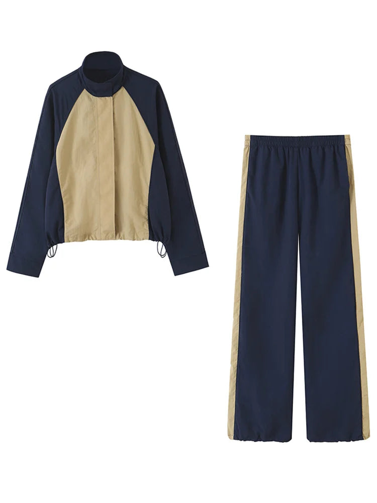 Fashion Color Block 2 Piece Tracksuit Women's Stand Collar Drawstring Cropped Jacket Elastic Waist Pants 2026 Autumn Lady Outfit - Matrix-studios.com