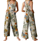 Combhasaki Women's S-3XL Cotton and Linen Jumpsuit Leaf Floral Print Square Neck Sleeveless Casual Loose Overalls with Pockets - Matrix Studios