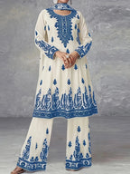 Plus Size Women's Off-White and Black Printed Three-Piece Set Ethnic Style Crew Neck Long Top Wide-Leg Pants and Headscarf Set - Matrix-studios.com