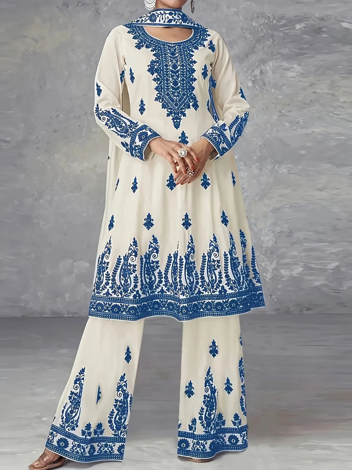 Plus Size Women's Off-White and Black Printed Three-Piece Set Ethnic Style Crew Neck Long Top Wide-Leg Pants and Headscarf Set - Matrix-studios.com