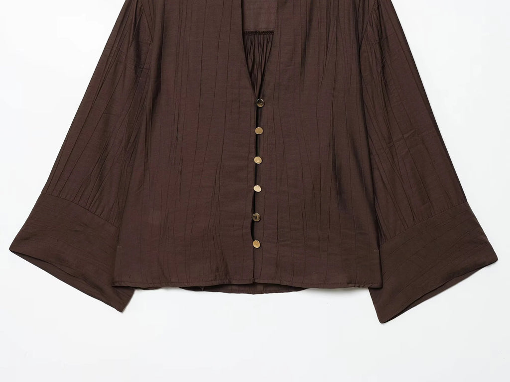 Autumn new women's loose and simple V-neck long sleeved shirt with elastic waist and wide leg pants set - Matrix-studios.com