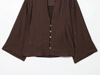 Autumn new women's loose and simple V-neck long sleeved shirt with elastic waist and wide leg pants set - Matrix-studios.com