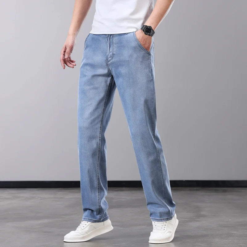 Summer Thin Men's Jeans Lyocell Fabric Soft Breathable Straight Denim Pants Brand Man Elastic Ice Silk Casual Trousers Grey Blue - Matrix Studios