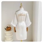 White Bride Wedding Robe with Feathers Women Satin Peignoir Sexy Bridesmids Kimono Gowns Short Bathrobe Bridal Intimate Lingerie - Matrix-studios.com