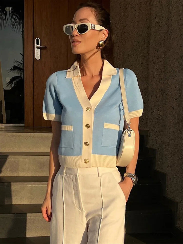 Tossy Knit Sweater Cardigan Coat Female Pocket V-Neck Contrast Short Sleeve Patchwork Elegant Vest Women's Knitwear Cardigan Top - Matrix Studios