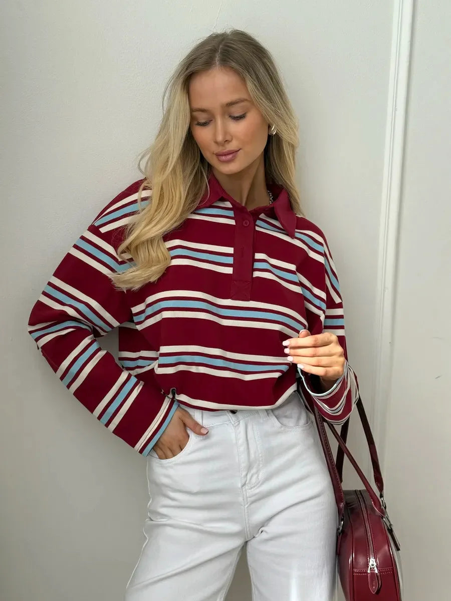 Wolfeel  Women's Vintage Inspired Retro Striped Polo Collar Oversized Drop Shoulder Long Sleeve  T-Shirt Trendy  Casual Top - Matrix-studios.com