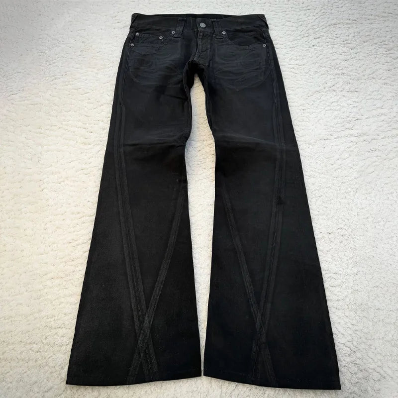 Vintage X Ray Waxing Tribal Embroidery Men's Flared Jeans Gothic High Street Unisex Punk Slim Fit Jeans Y2K Baggy Flared Jeans - Matrix Studios