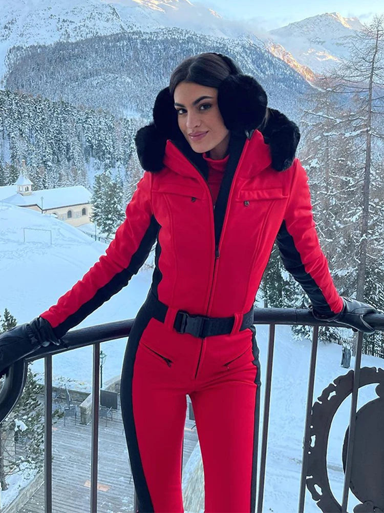 Fur-Trimmed Hooded Belted One-Piece Ski Suit Slim Windproof Water-Resistant Cuff 2025 Winter Fashion Women Fashion Snow Bodysuit - Matrix Studios
