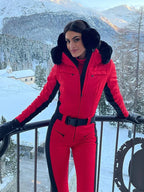 Fur-Trimmed Hooded Belted One-Piece Ski Suit Slim Windproof Water-Resistant Cuff 2025 Winter Fashion Women Fashion Snow Bodysuit - Matrix Studios