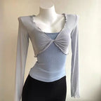 Fashion Elegant Women Sexy See Through Solid Cardigans Long Sleeve Mesh Vintage Lace Up Crop Tops Streetwear Short Cardigans - Matrix Studios