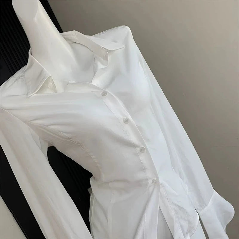 Fashion Lace Up Women Shirts Korean Slim Bell Sleeve White Blouse Spring New Streetwear All Match Ladies Button Tops - Matrix-studios.com