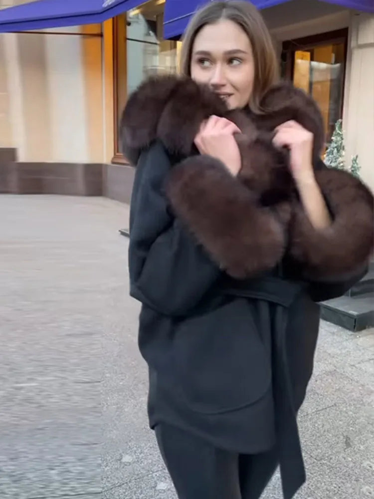 Chic Black Belted Coat Women Elegant Brown Fur - Trimmed Collar and Cuffs Middle Long Coats Lady Warm Cold - Weather Wear - Matrix Studios