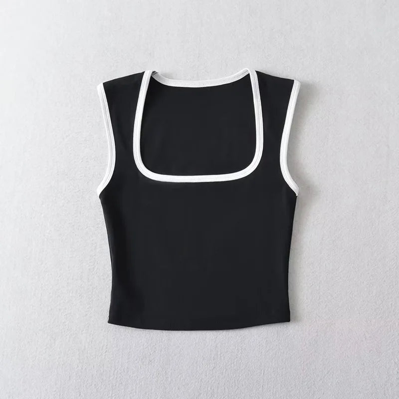 Woman Fashion Slim Solid Contrust Camis Casual Sleeveless Tanks Square Collar Crop Tops Clothing Streetwear Mujer 2024 Y2k - Matrix-studios.com