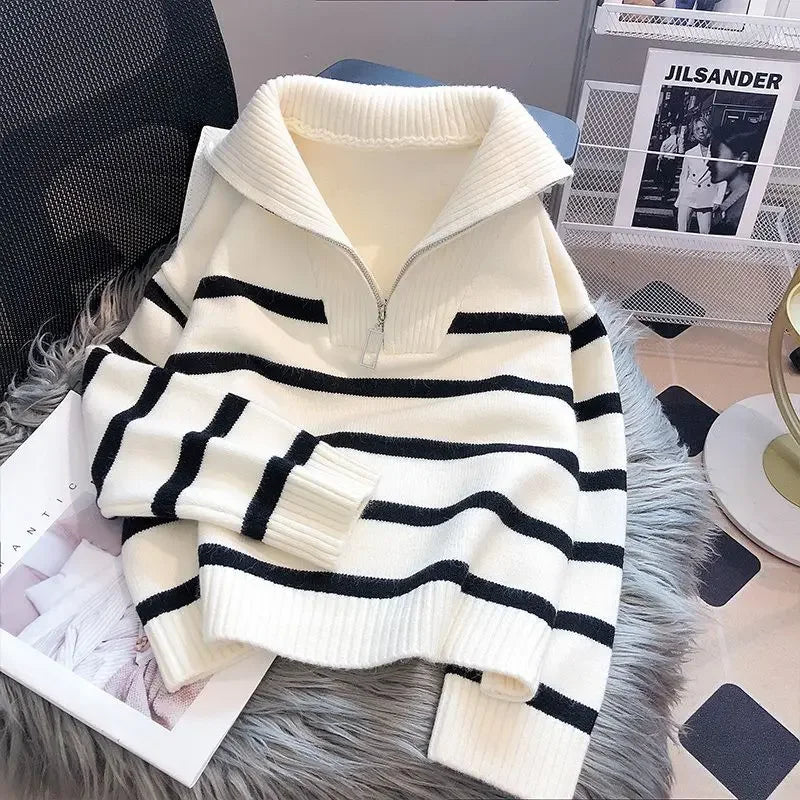 Sweater pullover women Spring and Autumn underwear 2023 New zipper stripe underlay short style popular premium sweater female - Matrix Studios