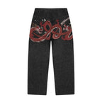 Y2K Harajuku jeans Goth vintage plum blossom embroidery pattern wide leg pants men women denim fabric American style street wear - Matrix Studios